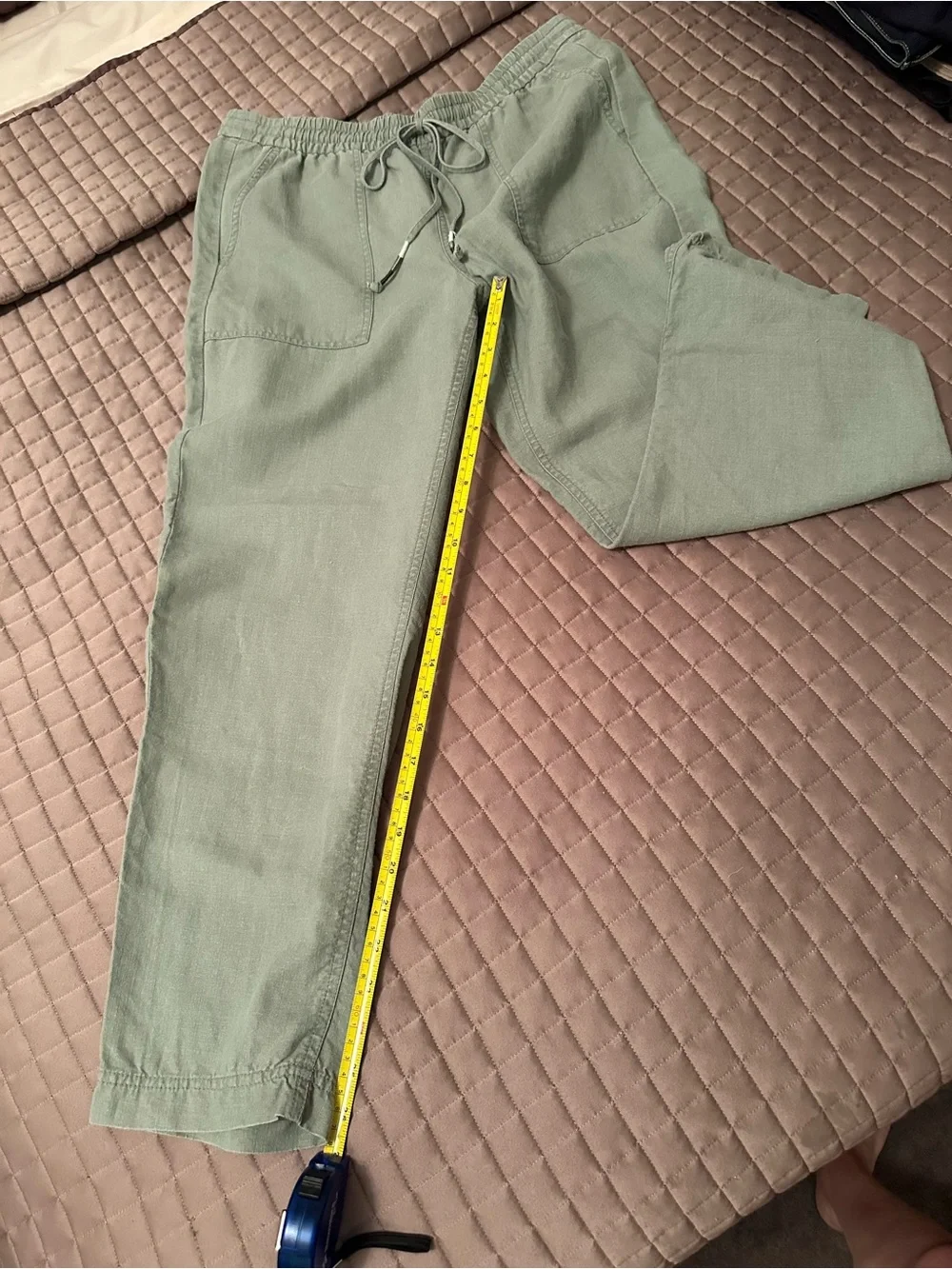 J Crew Relaxed Drawstring Linen Pants in Light Sage and Black